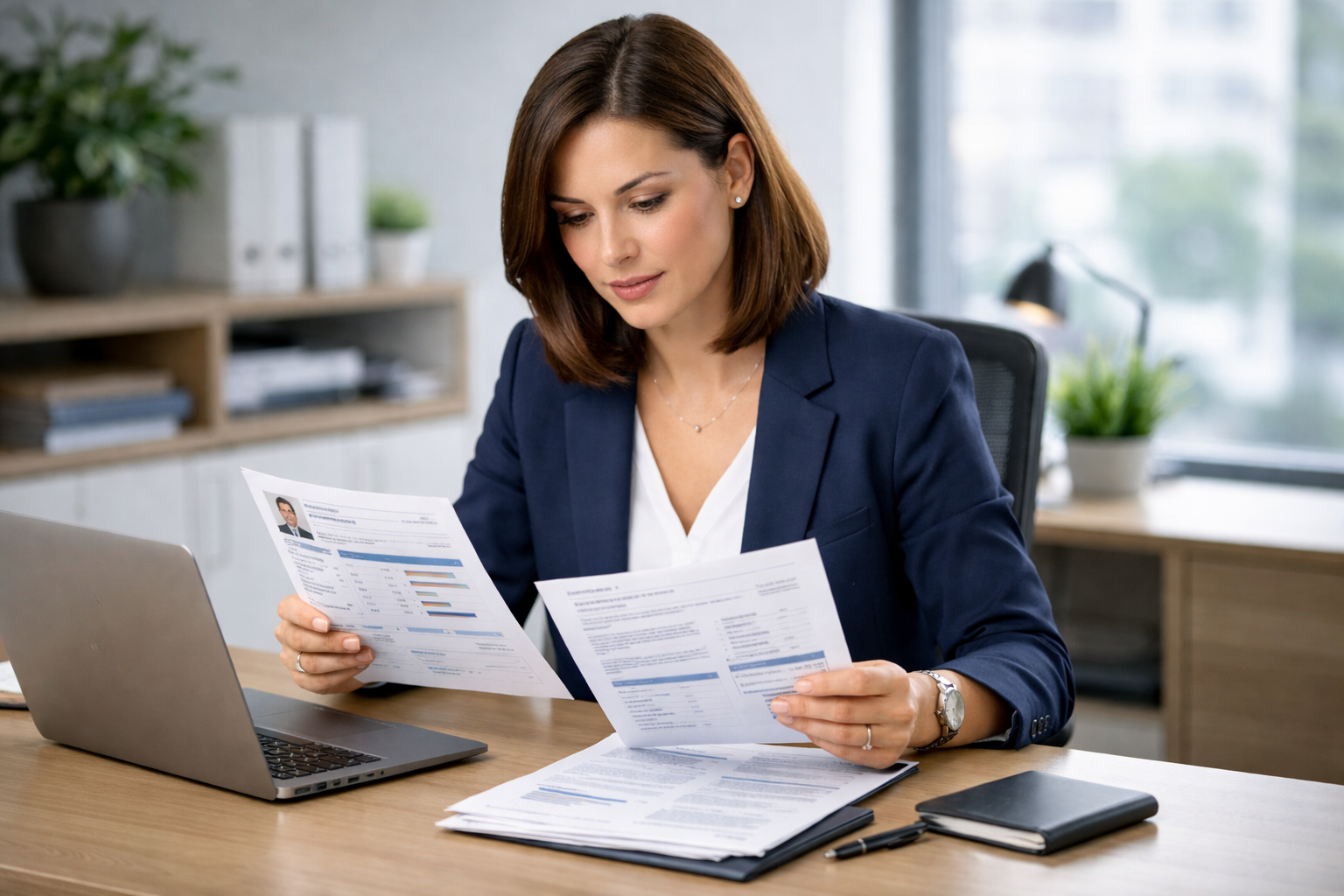 HR professional reviewing criminal background check reports for employer pre-employment screening