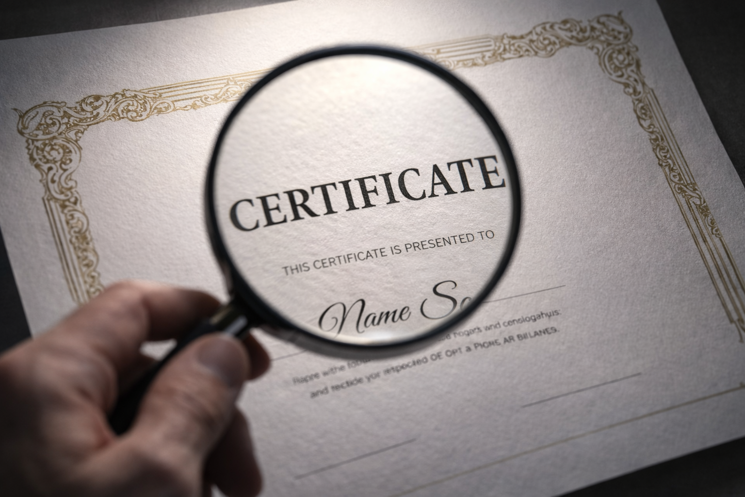 HR professional closely examining a credential document during a background check verification