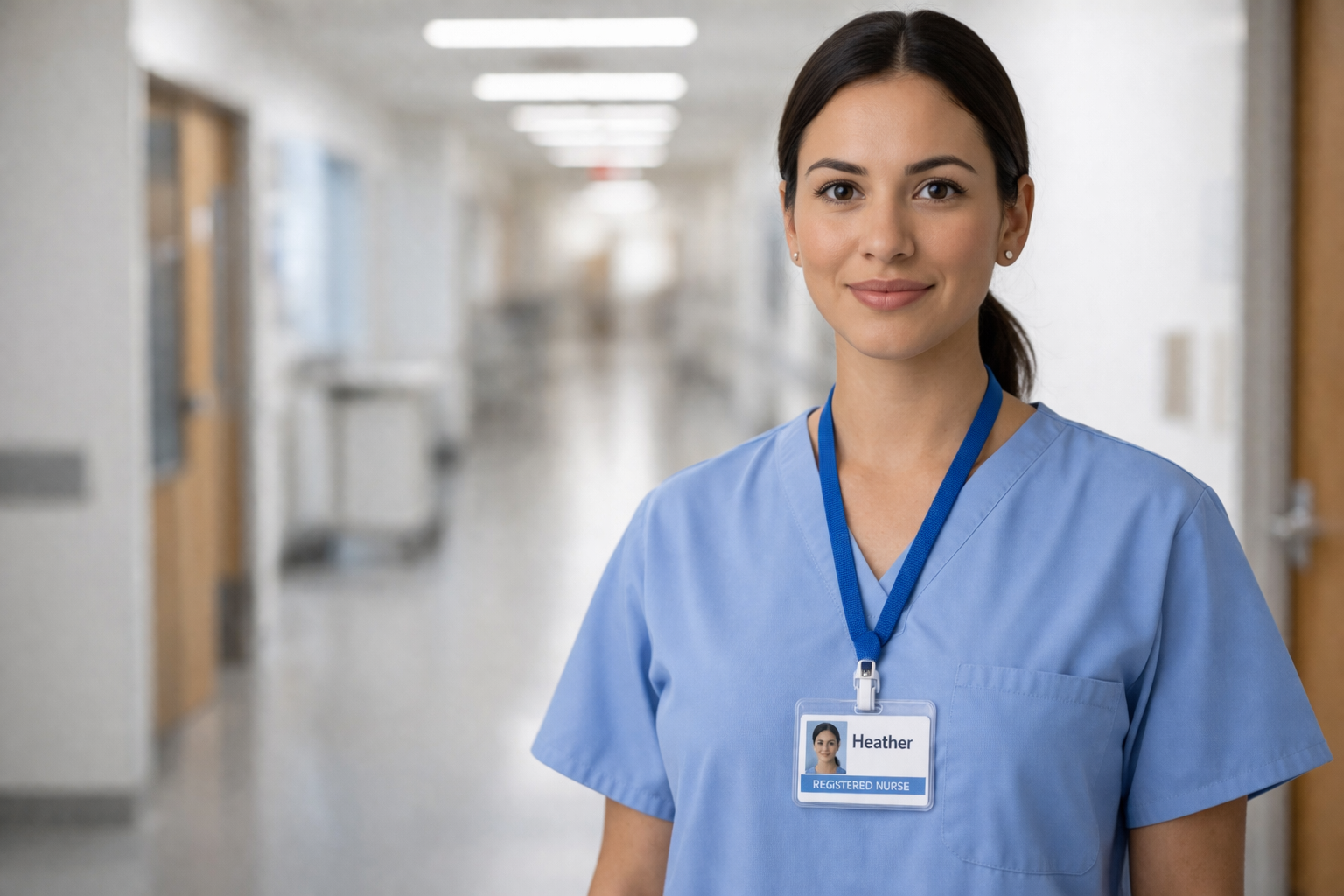 Nurse in scrubs in hospital hallway — background check and license verification in healthcare hiring