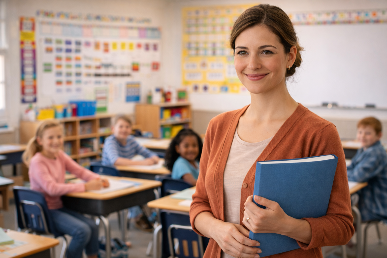 Teacher in classroom — background check screening required for public and private school employees