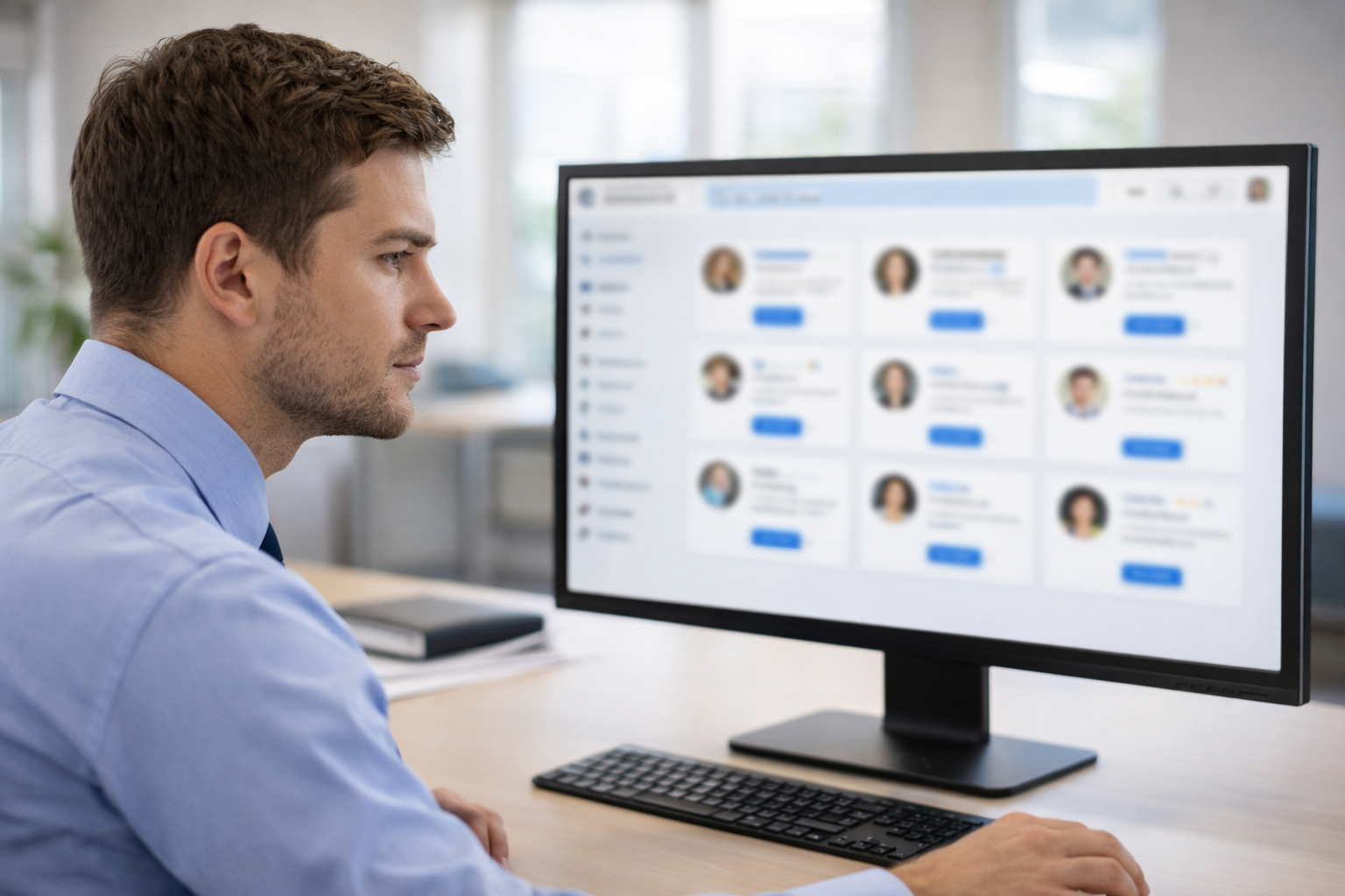 HR professional reviewing social media background check screening report on computer