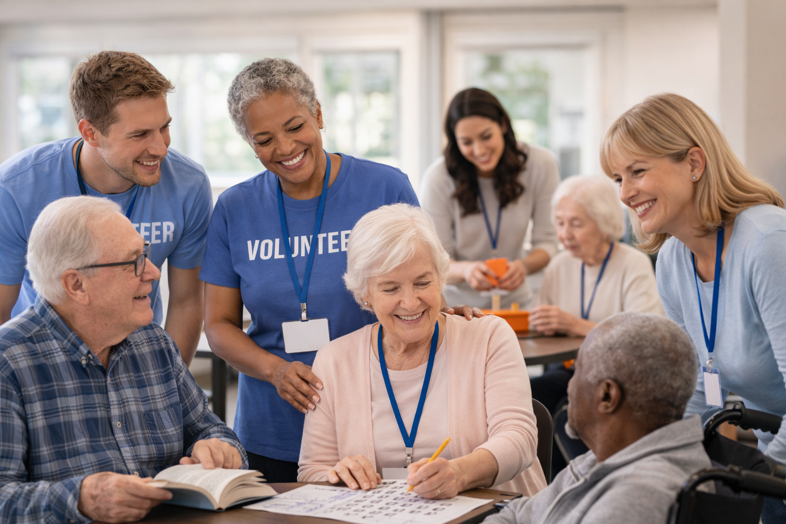 Screened volunteers wearing lanyards assisting elderly residents at a community center