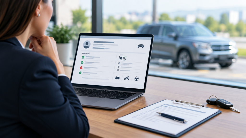 HR professional reviewing a driver history report with a flagged violation before hiring